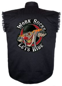 work sucks clown sleeveless denim biker shirt