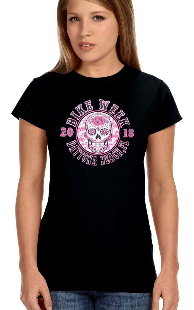 Ladies Daytona Beach Bike Week 2018 Sugar Skull Crew Neck T-Shirt ...