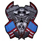 Large motorcycle engine with flags biker patch