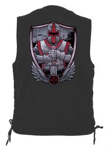 mens denim biker vest with Christian crusader patch
